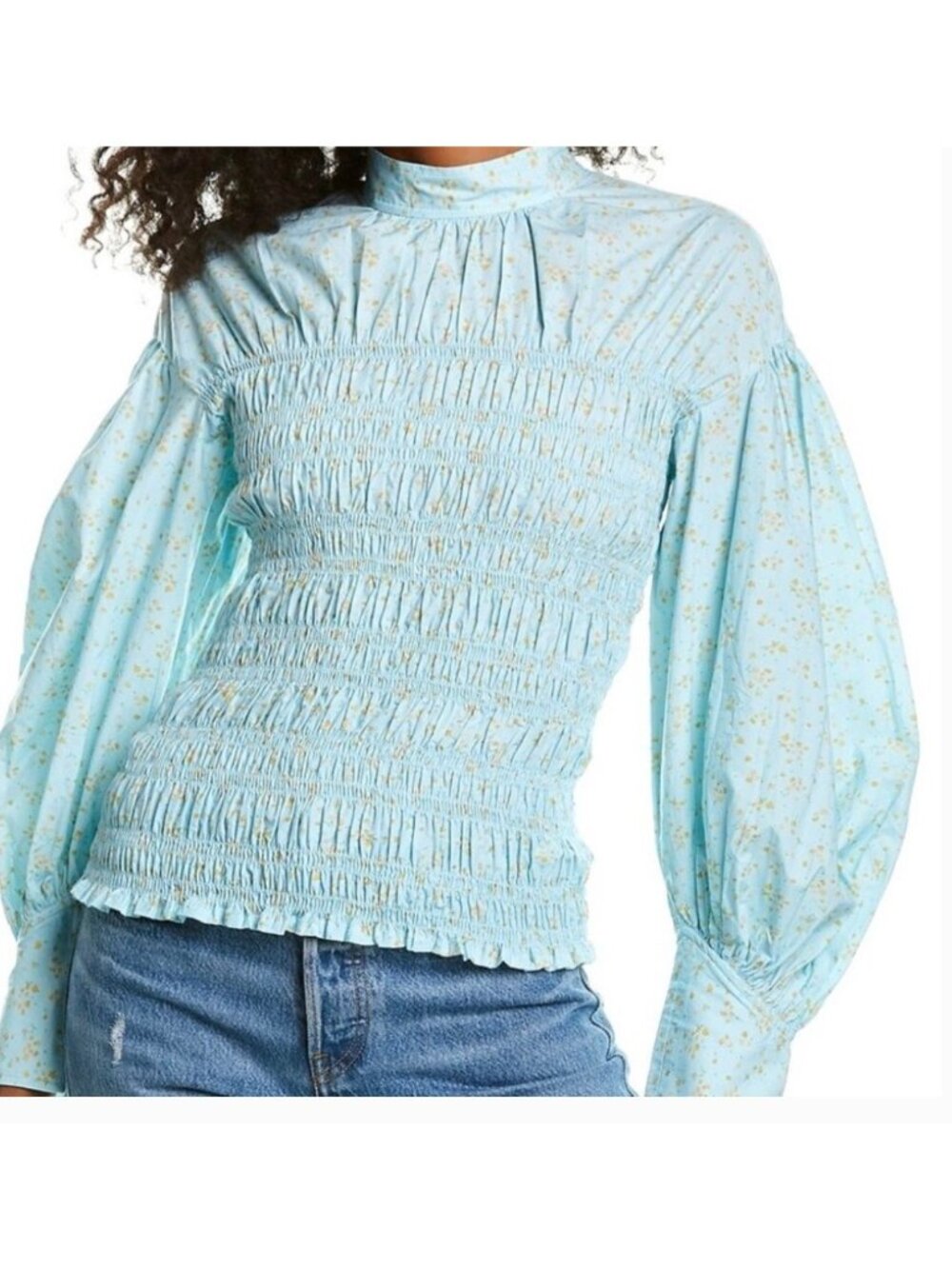 Ganni Shirred Floral-print Poplin Blouse Turquoise NWT - Size 36/ 4